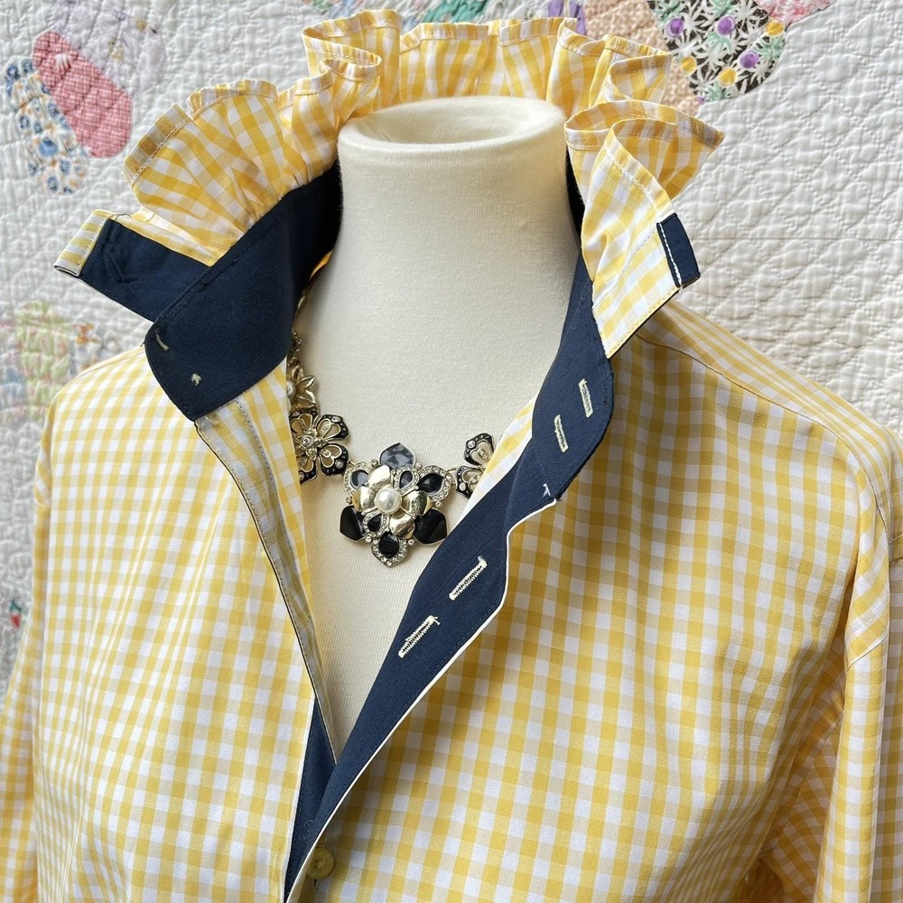 Upcycled Domani Yellow & White Gingham w/ Black Trim High Ruffle Collar Shirt XL